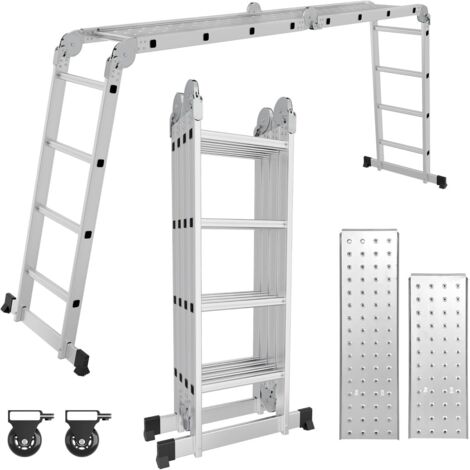 STANEW Scala Multiuso in Alluminio 4,7 M, Scala Articolata Pieghevole Multifunzione Alluminio 4 x 4 Gradini con Piattaforma, 2 Ponteggi, Argento
