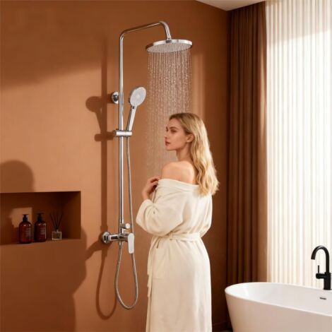Columna de Ducha Mecánica STANEW con Ducha de Techo Redonda de 200 mm, Manguera de 3 Chorros, Cuerpo de Latón, Altura Regulable 700–1150 mm – Acabado en Plata para Baño