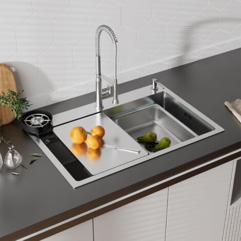 Fregadero Multifuncional 70x45x22cm STANEW, Fregadero de Cocina con Lavaplatos, Dosificador de Jabón, Cesta de Almacenamiento y Tabla de Cortar, Fregadero de Acero Inoxidable Antirrayas con Desagüe Rá