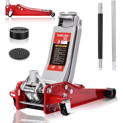 Gato Hidraulico para Coche 3t con Altura de Elevación 75-500 mm，Ruedas 360° ,Caballetes para Coches,Garaje y Taller de Coches(Rojo)