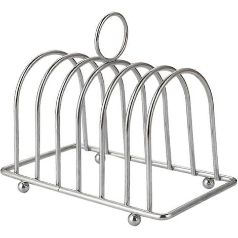 Support à toasts en acier inoxydable à 6 fentes pour tranches de pain, avec pieds sphériques et poignée de transport. (1/5)