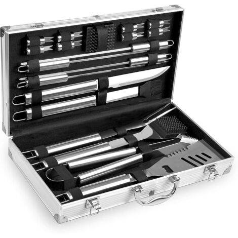 Kit Barbecue en Acier Inoxydable - Mallette de Rangement en Aluminium - Utensiles pour BBQ Professionnel - Set de 18 Pièces