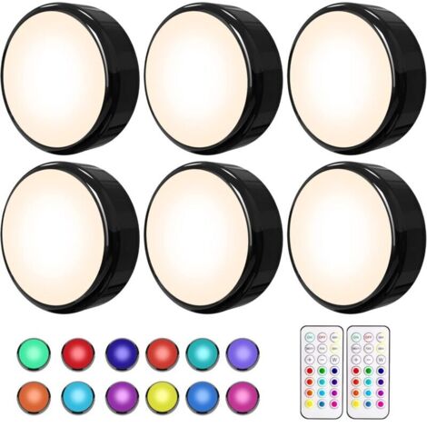 Dpzo – Lot de 6 éclairages LED sous meuble – Multicolore à piles avec télécommande – 16 couleurs, 10 niveaux de luminosité, fonction minuterie – Noir