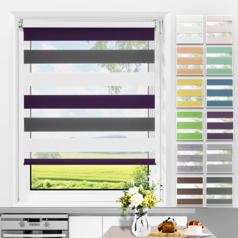 Allesin Store Enrouleur Jour Nuit sans Perçage, Facile à Installer avec Clips pour Fenêtre ou Porte, Largeur du Tissu 65cm, 65l x 150L cm, Blanc-Anthracite-Aubergine