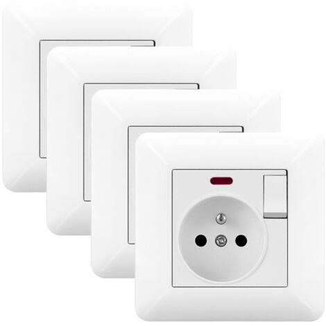 Lot de 4 Prise Électrique Murale 16A avec Interrupteur et LED – Prise Encastrable 240V Norme Française Blanc