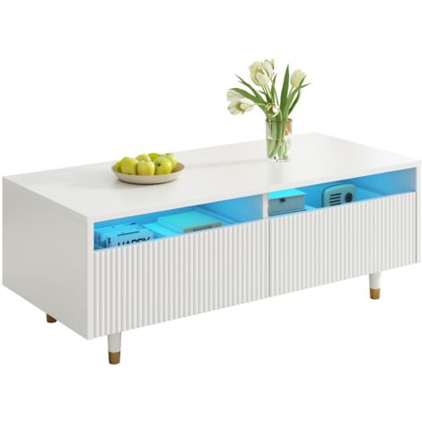 Table de salon moderne à LED, surface ondulée, pieds doré-blanc, deux compartiments, bandeau lumineux changeant de couleur, adaptée pour TV. (1/2)