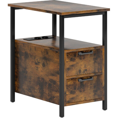 Table de chevet avec station chargement, USB et prises, 2 tiroirs, salon ou chambre, rustique, marron. (1/2)