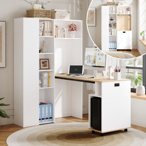 Bureau pliant avec étagères ajustables, prise USB et interrupteur, angle gauche, blanc. (1/2)