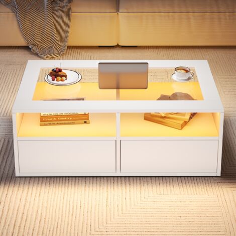 Table salon 100x50x35 cm, LED, structure verre, 2 tiroirs, design deux niveaux, rangement ouvert, blanc. (1/2)