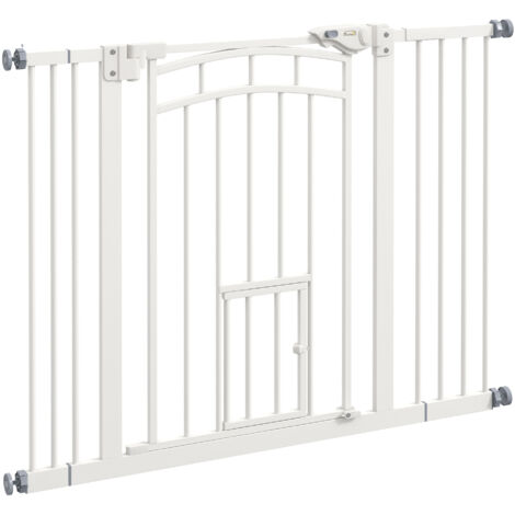 Barreaux de protection pour escaliers, hauteur 74–100 cm, fermeture automatique pour chiens, porte spéciale pour chats. Matériau solide et indestructible, couleur blanche. (1/2)