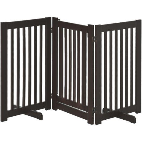 Barrière de protection pour chiens, fixée à part. Elle peut être ajustée en hauteur et se déplace facilement. La structure est faite de bois de couleur marron foncé. C’est un moyen sûr de protéger vot (1/2)