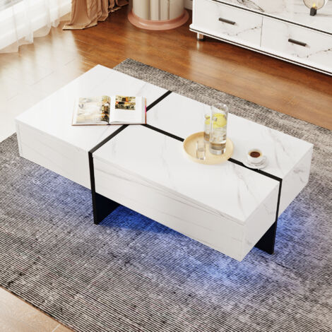 Table de salon brillante imitation marbre blanc ou noire, dimensions 100×50×34,5 cm, LED contrôlable, design élégant pour salon. (1/2)