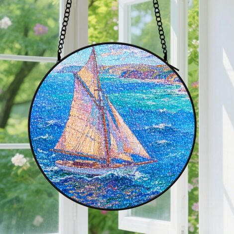 Suspension en vitrail - Attrape-soleil unique en verre pour porte, décoration colorée, cadeau Noël, Anniversaire pour professeur, collègue, maman 9cm (1/5)