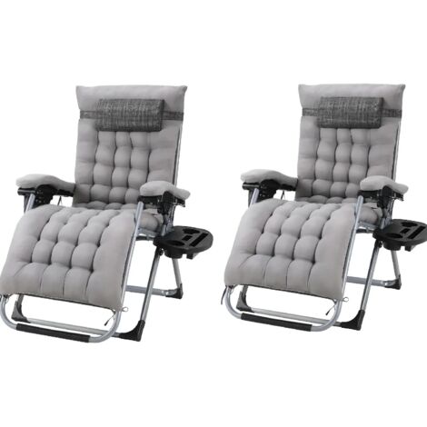 Chaise longue pliante zéro gravité Chaises longues grande taille Coussin en coton pour jardin Patio extérieur Chaise longue Charge 160 kg, 2pcs Gris (1/5)