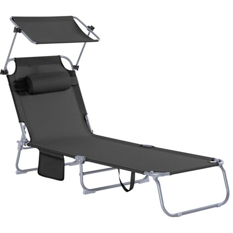 Transat Jardin Extérieur Pliable Bain de Soleil avec Oreiller Chaise Longue Relax avec Pare-Soleil et Poche Latérale Mobilier de Jardin pour Terrasse Plage Piscine 155x56x81cm, Noir (1/5)