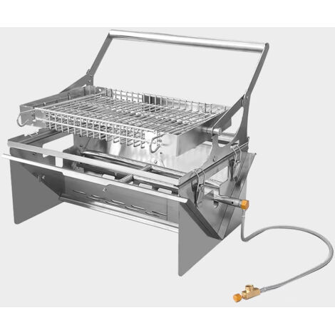 Grill barbecue à gaz portable inox, panier rotatif inclus, facile à nettoyer, durable et stable, parfait pour camping et jardin