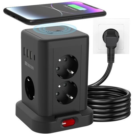 Carte d'alimentation intelligente 15 en 1 avec prise UE standard 3680 W, prise 7AC, ports de charge 3USB-A et 1USB-C, câble d'extension de 2 mètres, Noir (1/5)