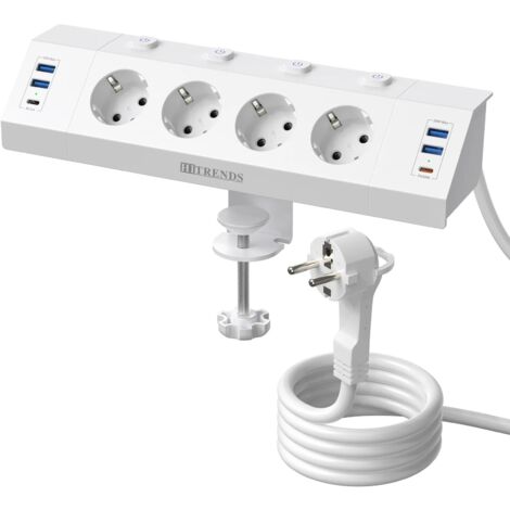 Multiprise multi-prise ue avec dispositif de serrage de bureau, prise annulaire de traction, 4 ports USB-A et 2 ports USB-C, interrupteur à commande unique, câble de 2 m, Blanc (1/5)