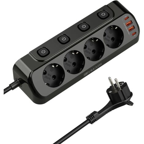 Prise UE Carte d'alimentation multifonction 4 prises 2 USB-A et 2USB-C Développement rapide Adaptateurs secteur Rallonge 2 m Joli indépendant Noir (1/4)