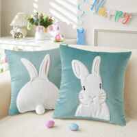 Housse Coussin Lapin Pâques 45x45 Velours Décoration Pâques Printemps Coussin Décoratif Salon Chambre(Vert,2 lapins)