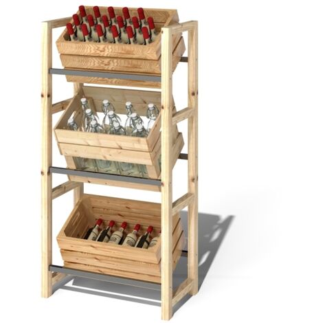 Étagère à Caisses de Boissons 3 Niveaux - Support en Bois Massif Autoportant, Charge 150 kg, pour Caisses de Bière, Eau et Sodas (56x32x112 cm, Bois Naturel) (1/5)