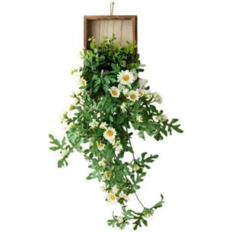 Plante Artificielle Suspendue Murale avec Cadre en Bois - Fleurs de Marguerites Synthétiques - Idéale pour Salon, Cuisine, Salle de Bain