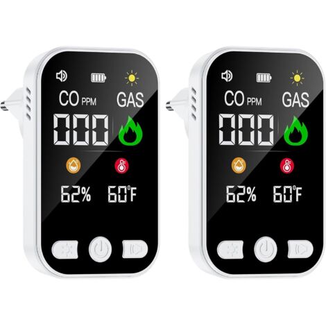 2 Pack Détecteur de Monoxyde de Carbone 4 en 1 – Détecteur CO avec Alarme, Capteur Température & Humidité, Batterie Rechargeable 1000mAh, Écran HD, Norme EN 50291, Blanc