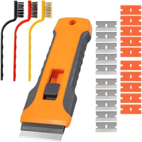 Grattoir Rétractable pour Plaque de Verre – 10 Lames Métalliques, 10 Lames Plastique et 3 Brosses Acier, Outil Multi-Usage pour Étiquettes, Colle, Silicone et Décals (1/5)