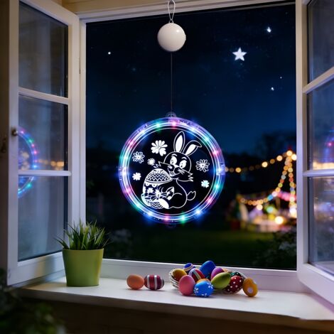 Ostern Deko Hängender Hase und Eier mit Mehrfarbiger LED-Lichterkette – Fenster- und Garten Terrasse Dekoration (Osterhase mit Ei – 17 cm) (1/5)