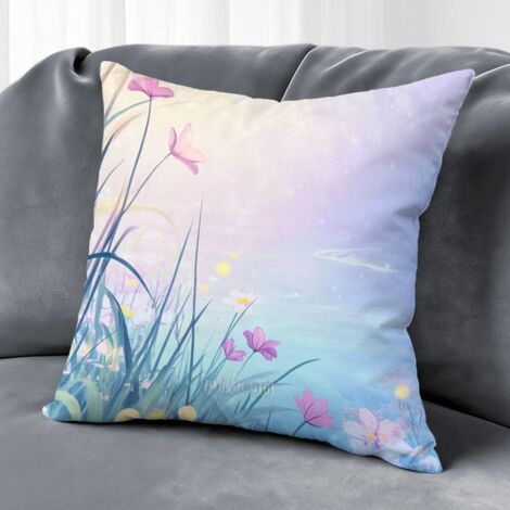 Housse de coussin fleurs printanières, feuilles colorées bleu rose jaune, décoration canapé style ferme rustique,50×50cm (1/5)