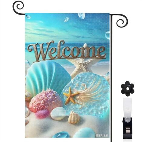 Drapeau de jardin bienvenue 30 x 45 cm motif coquillages et étoiles de mer toile double face pour extérieur (1/5)