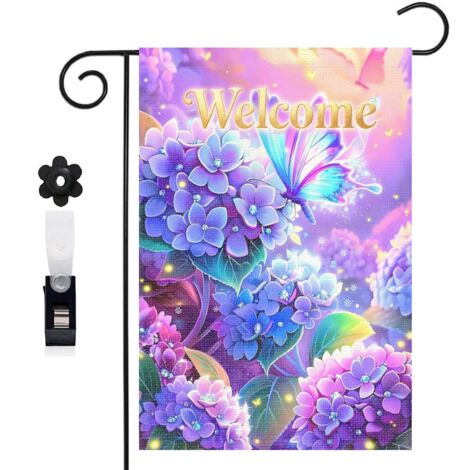 Drapeau de jardin bienvenue 30 x 45 cm motif fleurs hortensia et papillon élégant toile double face (1/5)