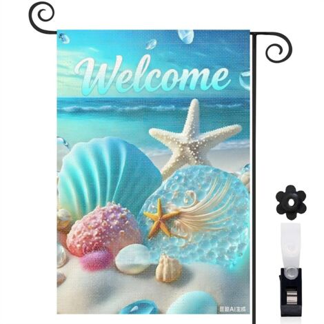 Drapeau de jardin bienvenue 30 x 45 cm motif coquillages et plage sable toile double face extérieure (1/5)