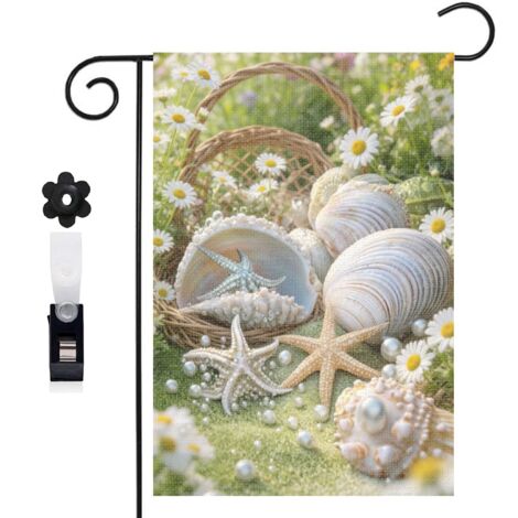 Drapeau de jardin décoratif 30 x 45 cm motif coquillages étoiles de mer et escargots toile double face (1/5)