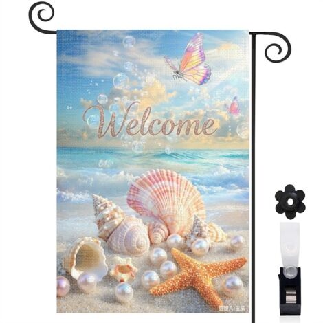Drapeau de jardin décoratif 30 x 45 cm motif coquillages étoiles de mer et perles élégantes toile double face (1/5)