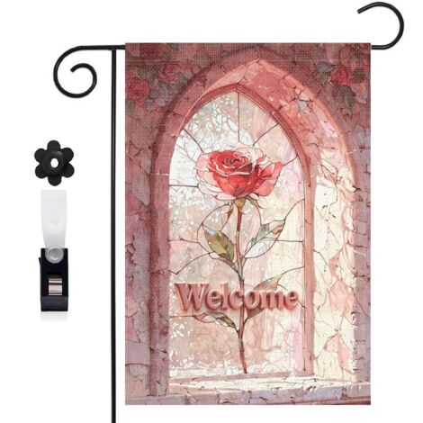 Bannière de cour Welcome et rose rouge en vitrail 30 x 45 cm décoration porche et maison (1/5)