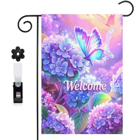 Drapeau de jardin décoratif 30 x 45 cm motif hortensias et papillon style féerique toile double face (1/5)
