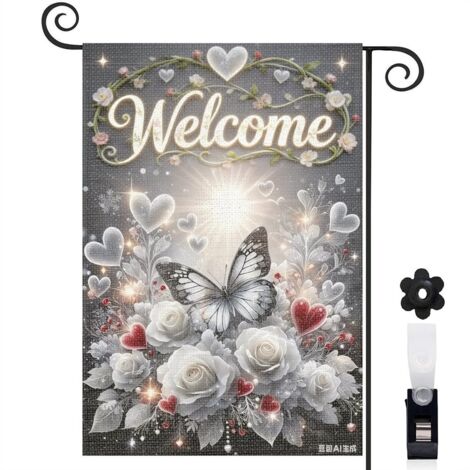 Drapeau de jardin floral 30 x 45 cm motif papillon et fleurs blanches toile double face pour décoration extérieure saisonnière (1/5)