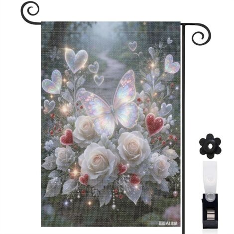 Drapeau de jardin bienvenue 30 x 45 cm motif papillon et fleurs blanches toile double face pour extérieur (1/5)