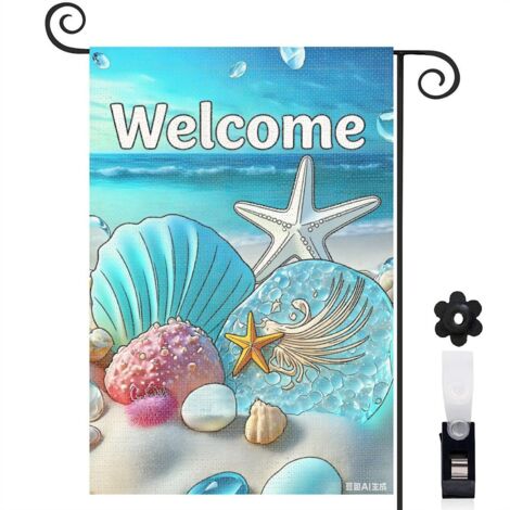Drapeau de jardin décoratif 30 x 45 cm motif coquillages et perles marines toile double face durable (1/5)