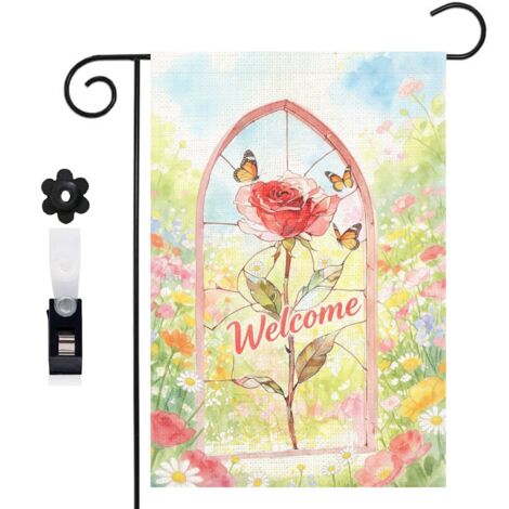 Drapeau vertical composition de vitrail et rose rouge 30 x 45 cm décoration saisonnière extérieure (1/5)