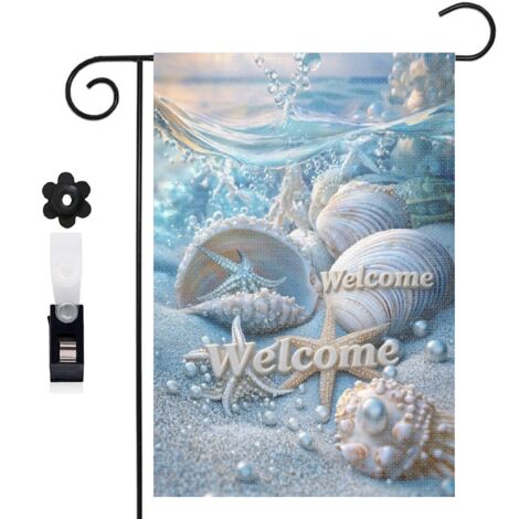 Drapeau de jardin décoratif 30 x 45 cm motif coquillages marins et escargots de mer toile double face résistante (1/5)