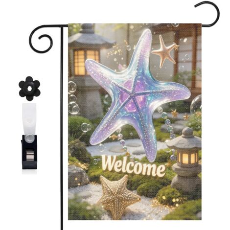 Drapeau de jardin décoratif 30 x 45 cm motif étoile de mer et ambiance marine magique toile double face (1/5)