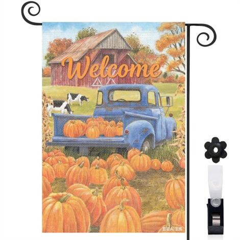 Drapeau de jardin automne 30 x 45 cm motif camion bleu et champ de citrouilles toile double face durable (1/5)