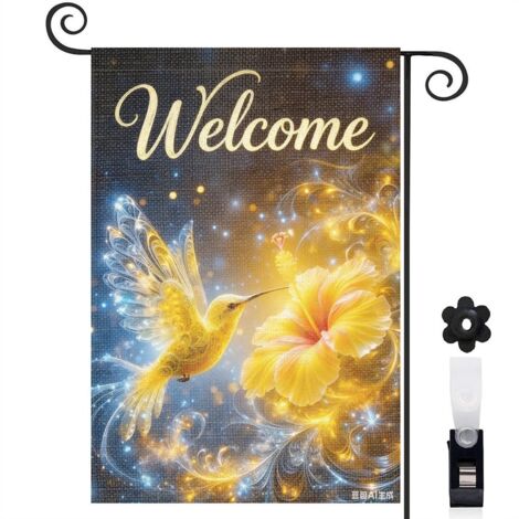 Drapeau de jardin floral bienvenue 30 x 45 cm toile épaisse double face pour décoration de cour balcon entrée maison style printemps été (1/5)
