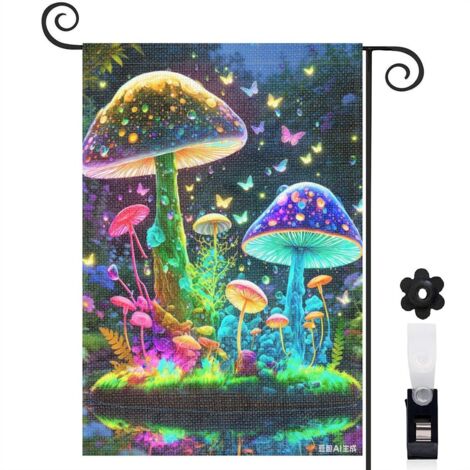 Drapeau de jardin bienvenue 30 x 45 cm motif champignons colorés et herbe verte toile double face (1/5)