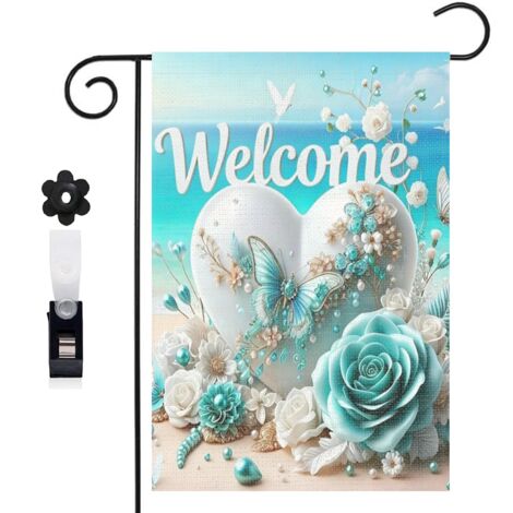 Drapeau vertical style côtier et cœur avec papillons 30 x 45 cm décoration jardin d'été (1/5)