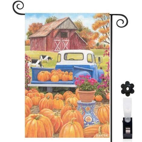 Drapeau de jardin automne 30 x 45 cm motif camion ancien et récolte de courges toile double face pour extérieur (1/5)