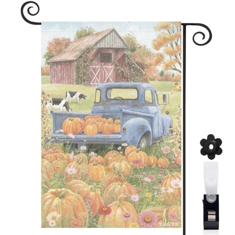Drapeau de jardin décoratif 30 x 45 cm motif camion et citrouilles ambiance automne toile double face (1/5)