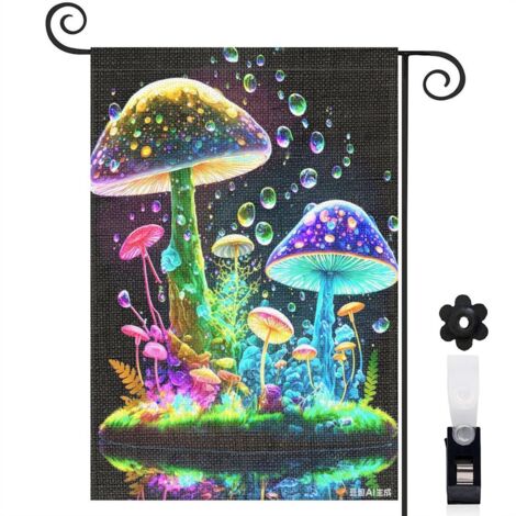 Drapeau de jardin décoratif 30 x 45 cm motif champignons colorés style féerique toile double face (1/5)